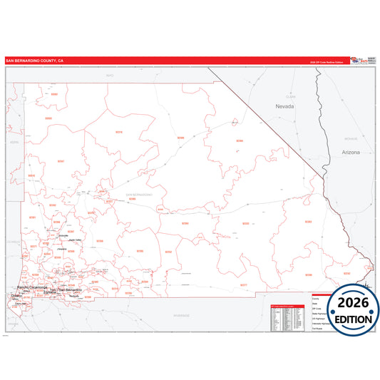 San Bernardino County, CA Red Line 5 Digit ZIP Code Wall Map