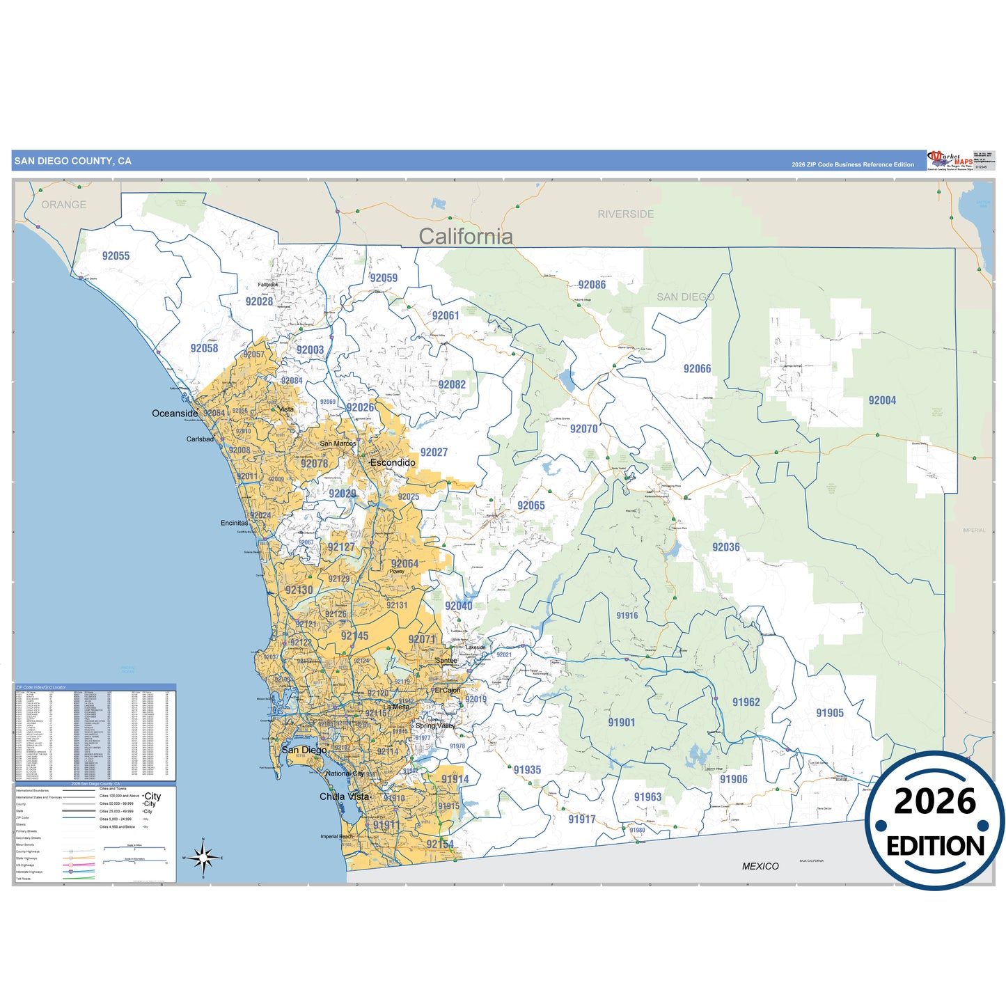 San Diego County, CA Business Reference 5 Digit ZIP Code Wall Map