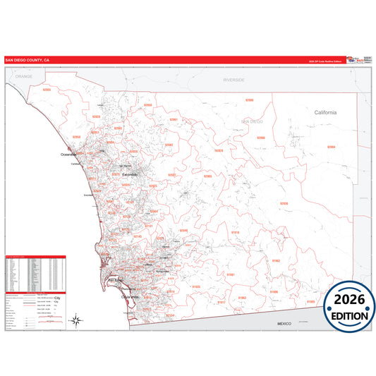 San Diego County, CA Red Line 5 Digit ZIP Code Wall Map