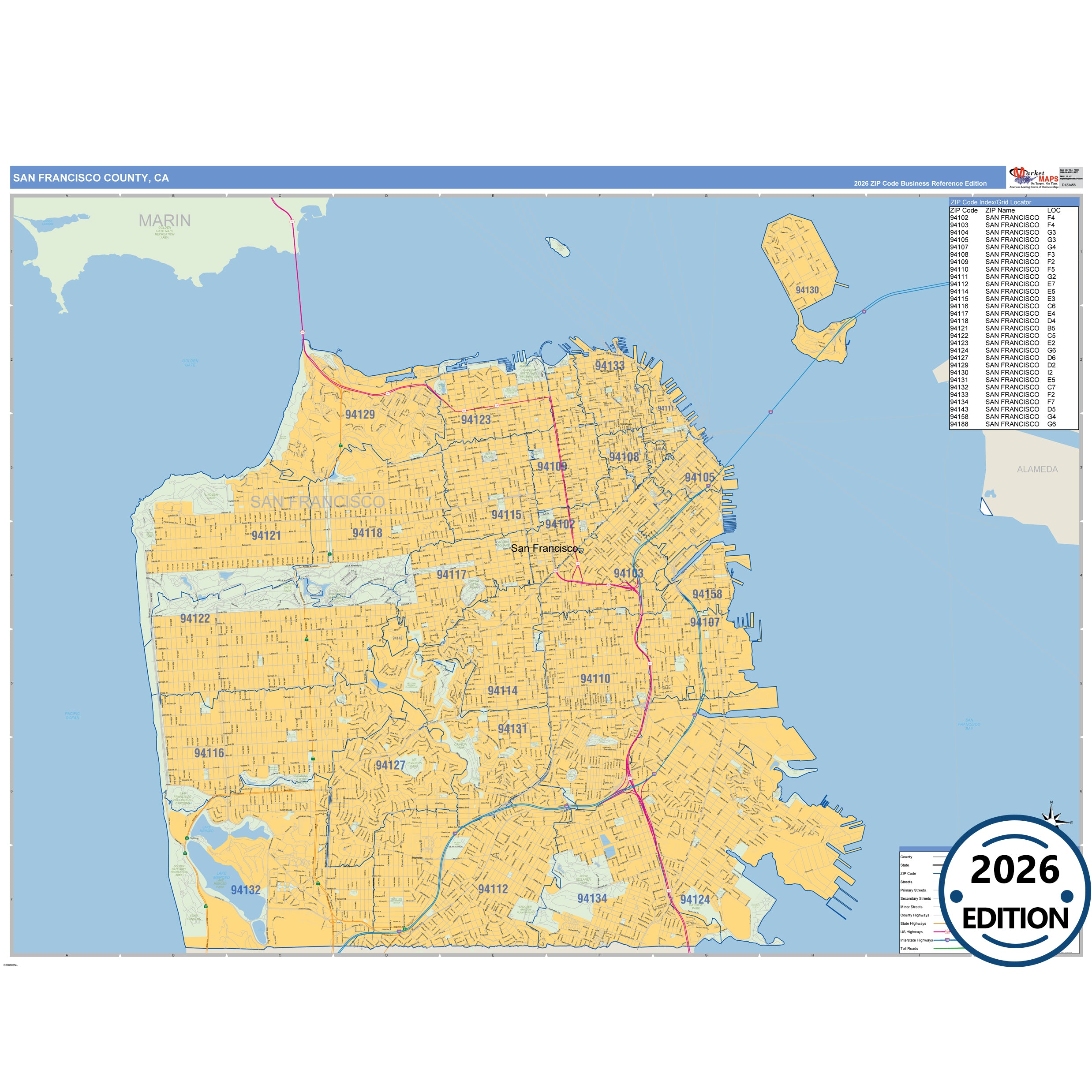 San Francisco, CA ZIP Code Wall Map – ZipCodeMaps