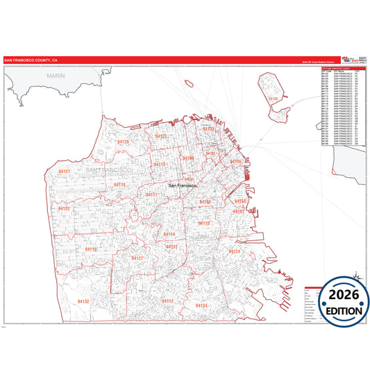 San Francisco County, CA Red Line 5 Digit ZIP Code Wall Map