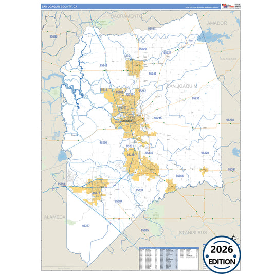 San Joaquin County, CA Business Reference 5 Digit ZIP Code Wall Map
