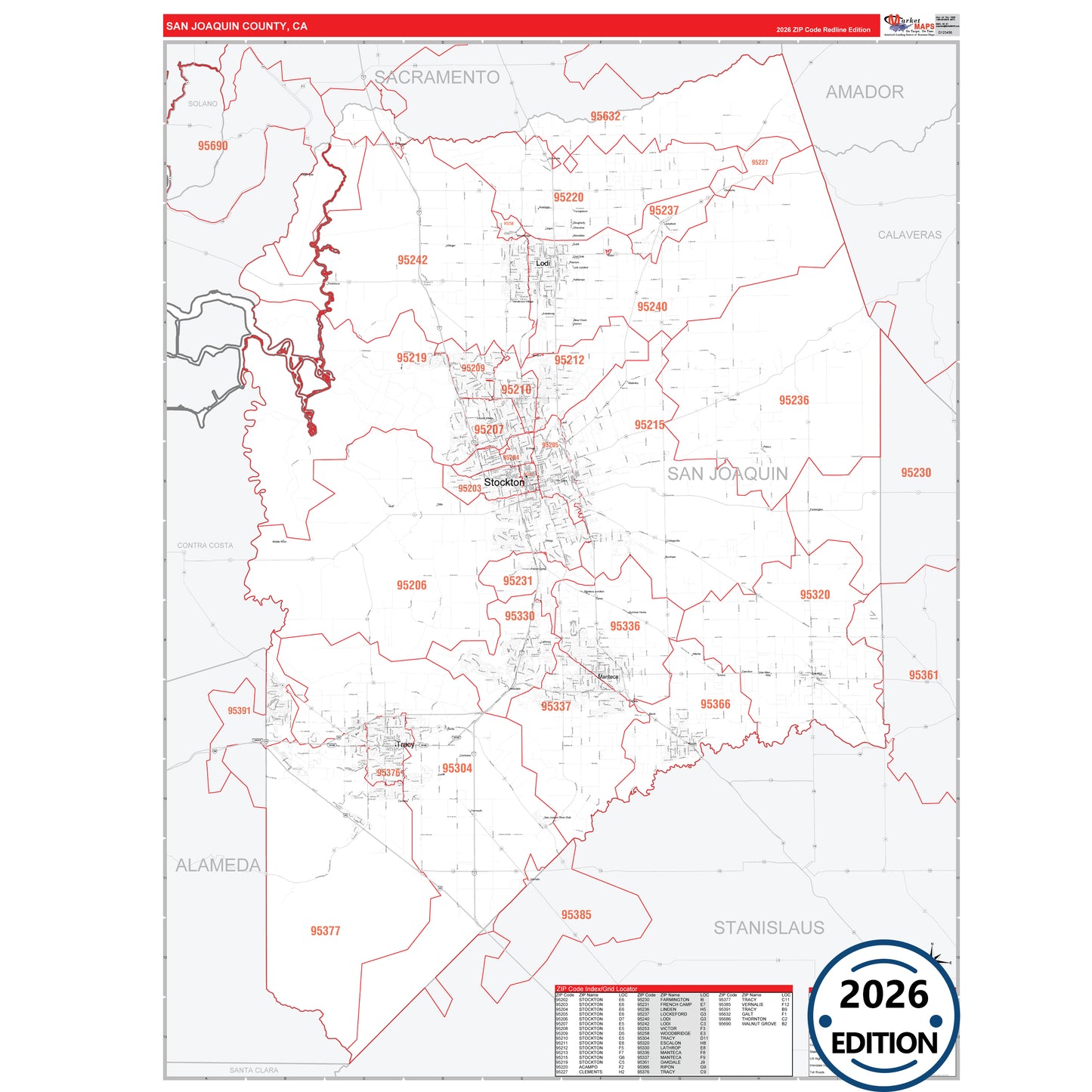 San Joaquin County, CA Red Line 5 Digit ZIP Code Wall Map