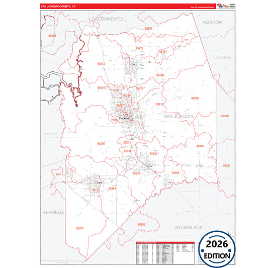 San Joaquin County, CA Red Line 5 Digit ZIP Code Wall Map