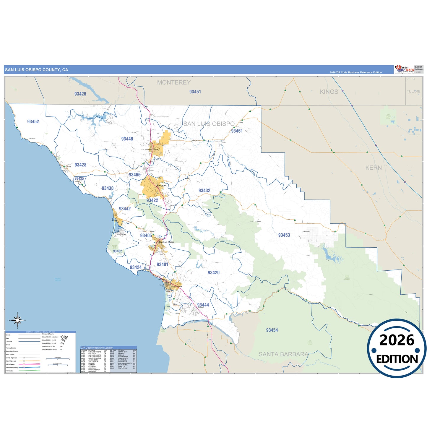 San Luis Obispo County, CA Business Reference 5 Digit ZIP Code Wall Map