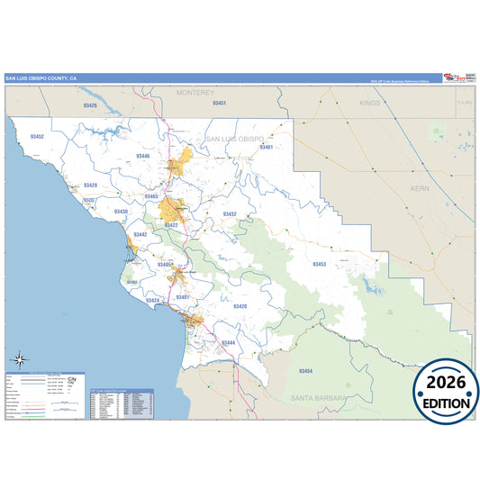 San Luis Obispo County, CA Business Reference 5 Digit ZIP Code Wall Map