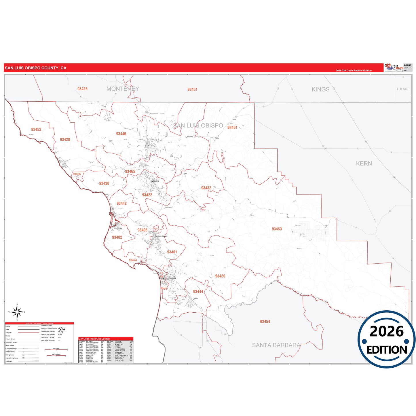 San Luis Obispo County, CA Red Line 5 Digit ZIP Code Wall Map