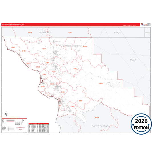 San Luis Obispo County, CA Red Line 5 Digit ZIP Code Wall Map