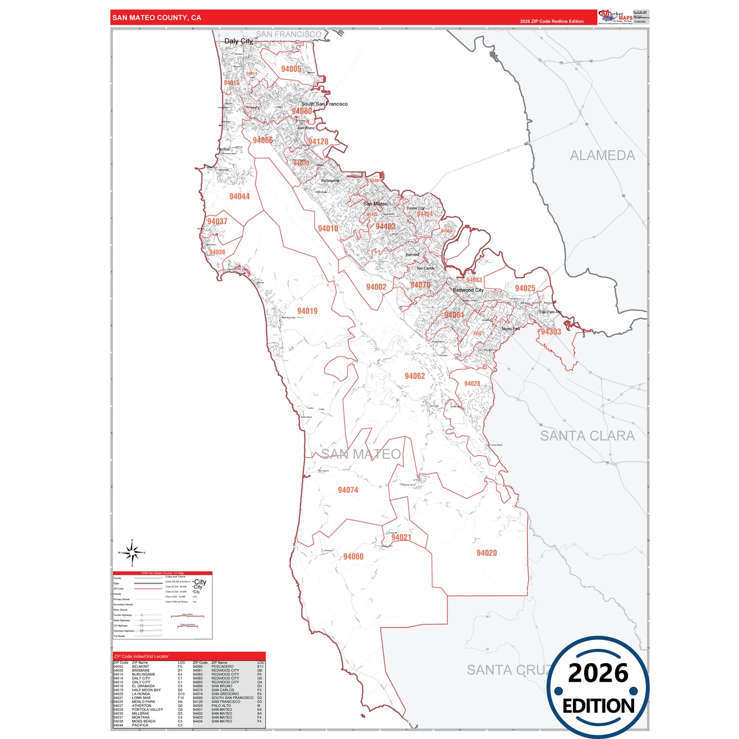 San Mateo County, CA Red Line 5 Digit ZIP Code Wall Map