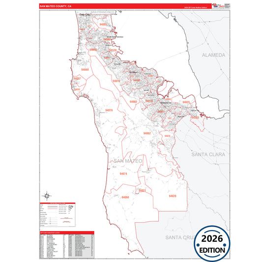 San Mateo County, CA Red Line 5 Digit ZIP Code Wall Map