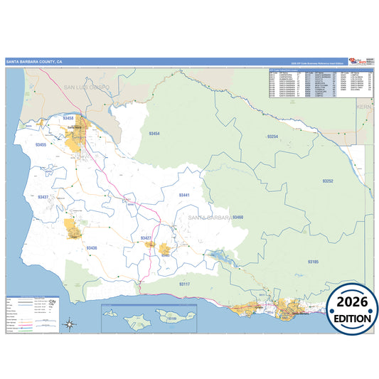 Santa Barbara County, CA Business Reference 5 Digit ZIP Code Wall Map