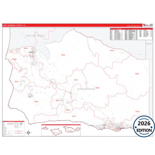 Santa Barbara County, CA Red Line 5 Digit ZIP Code Wall Map