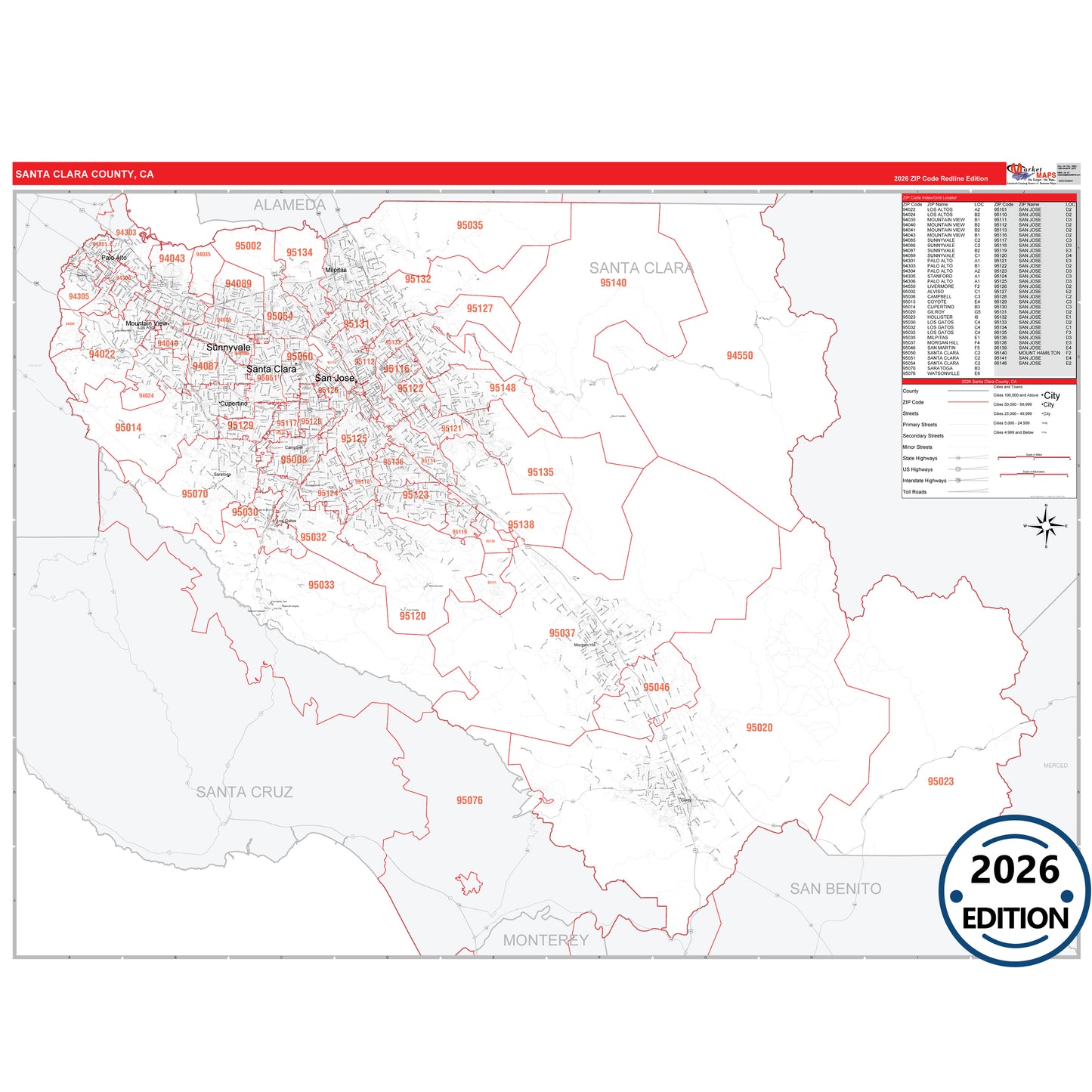 Santa Clara County, CA Red Line 5 Digit ZIP Code Wall Map