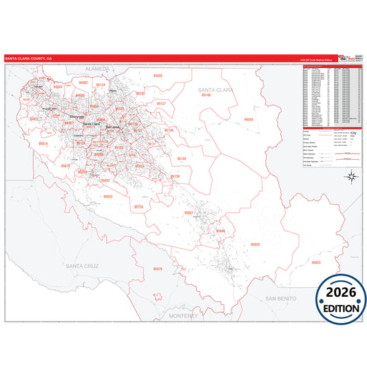 Santa Clara County, CA Red Line 5 Digit ZIP Code Wall Map