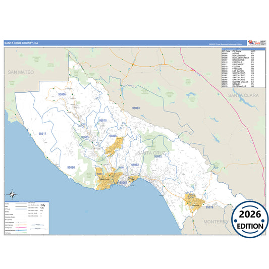 Santa Cruz County, CA Business Reference 5 Digit ZIP Code Wall Map