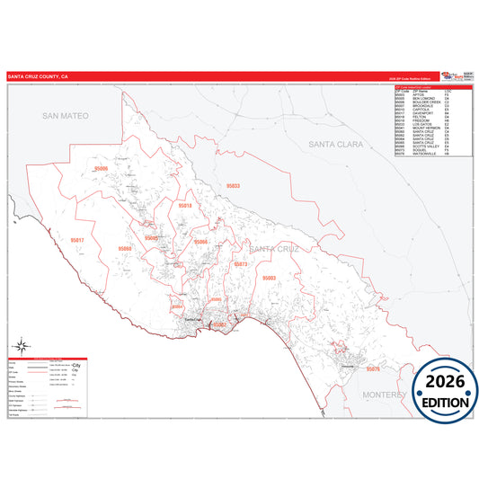 Santa Cruz County, CA Red Line 5 Digit ZIP Code Wall Map