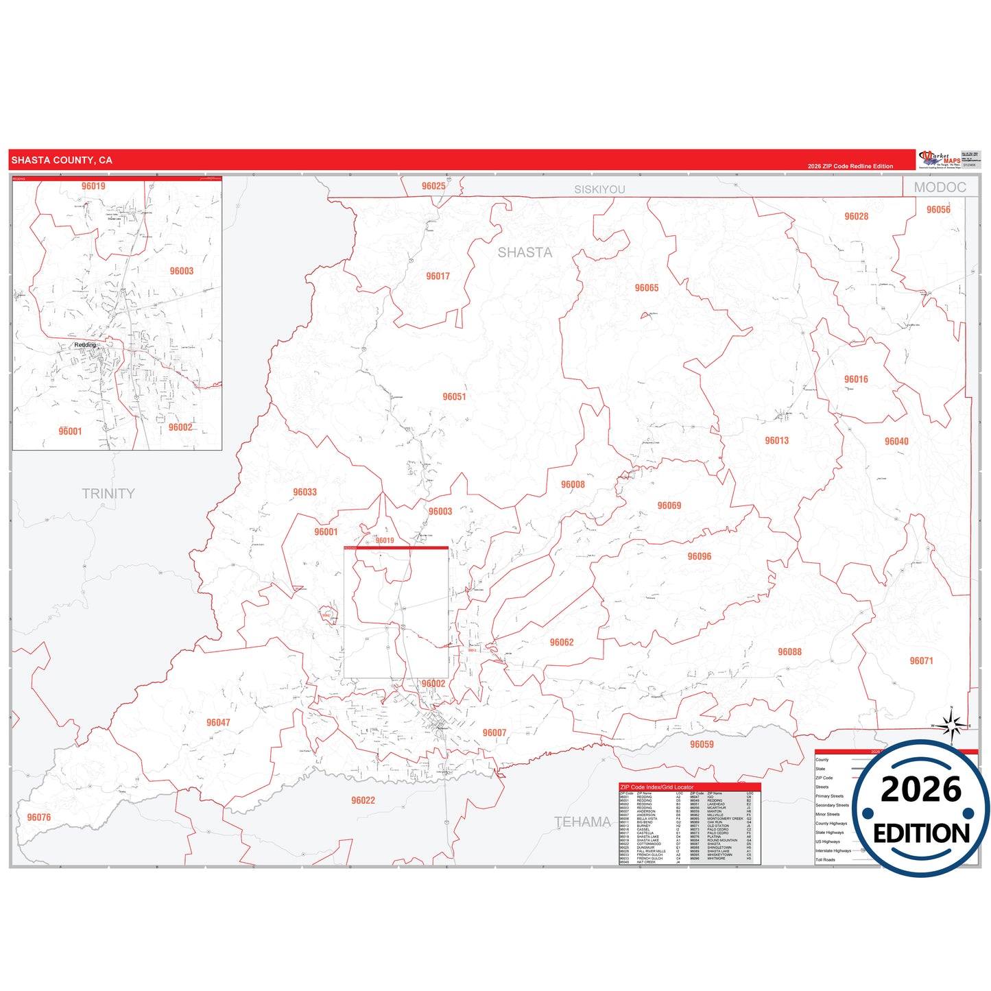 Shasta County, CA Red Line 5 Digit ZIP Code Wall Map