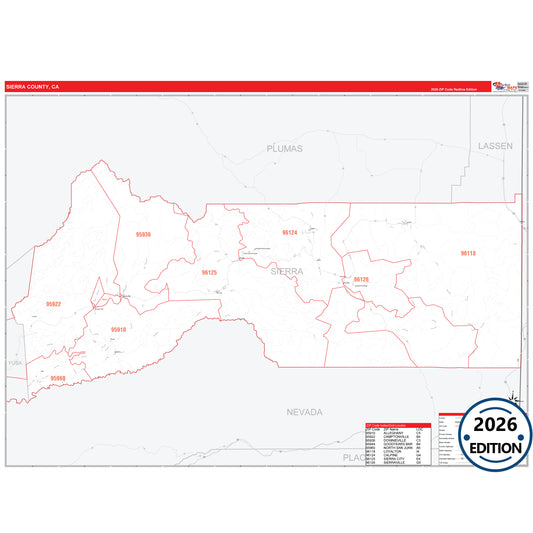 Sierra County, CA Red Line 5 Digit ZIP Code Wall Map