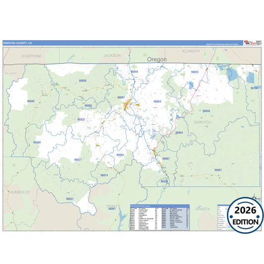 Siskiyou County, CA Business Reference 5 Digit ZIP Code Wall Map