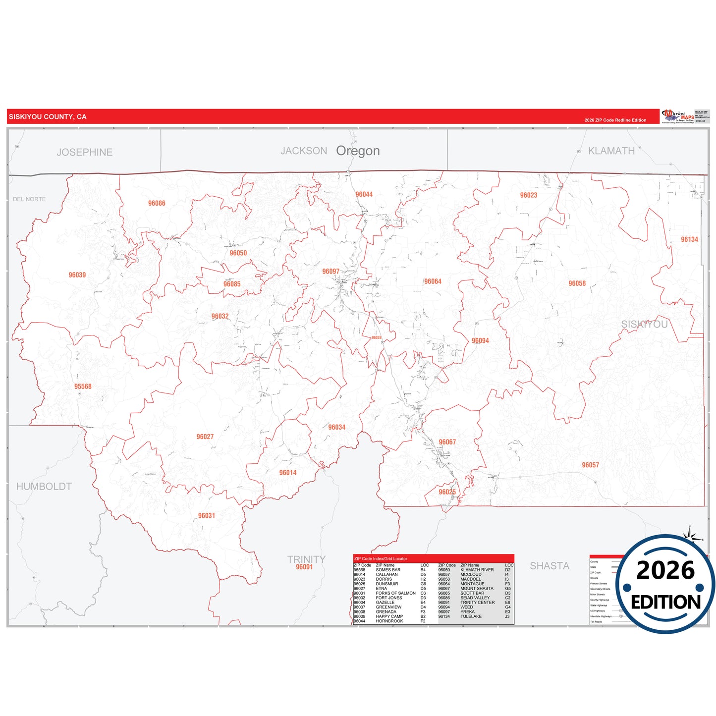 Siskiyou County, CA Red Line 5 Digit ZIP Code Wall Map