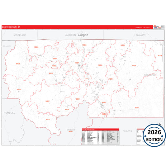 Siskiyou County, CA Red Line 5 Digit ZIP Code Wall Map