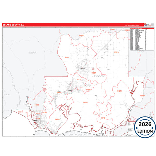 Solano County, CA Red Line 5 Digit ZIP Code Wall Map