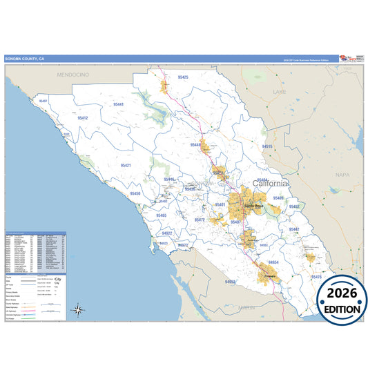 Sonoma County, CA Business Reference 5 Digit ZIP Code Wall Map