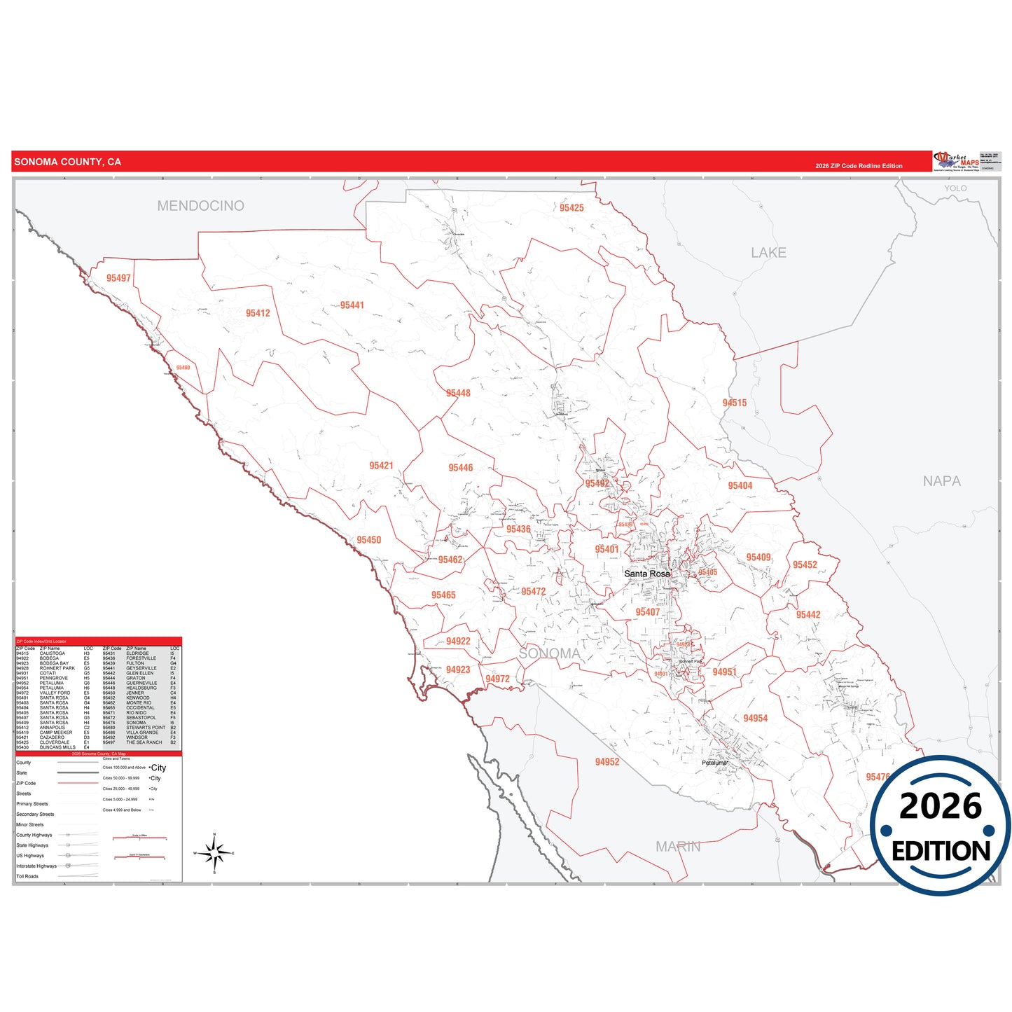 Sonoma County, CA Red Line 5 Digit ZIP Code Wall Map