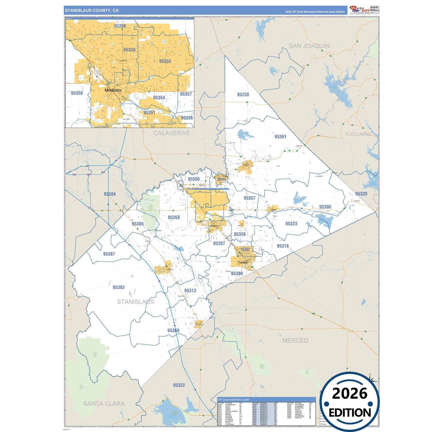Stanislaus County, CA Business Reference 5 Digit ZIP Code Wall Map