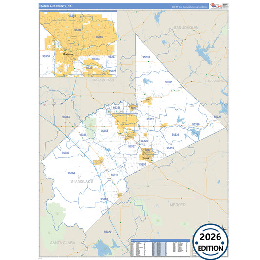 Stanislaus County, CA Business Reference 5 Digit ZIP Code Wall Map