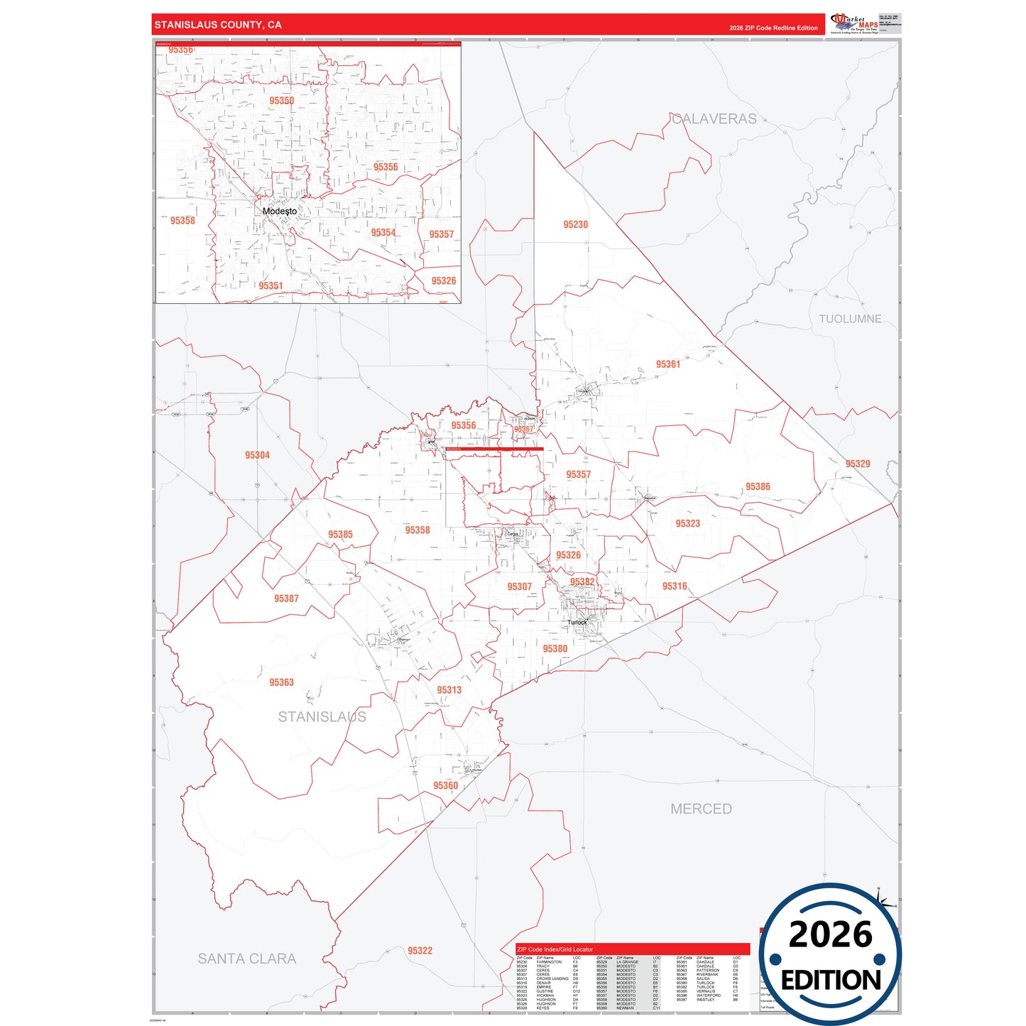 Stanislaus County, CA Red Line 5 Digit ZIP Code Wall Map