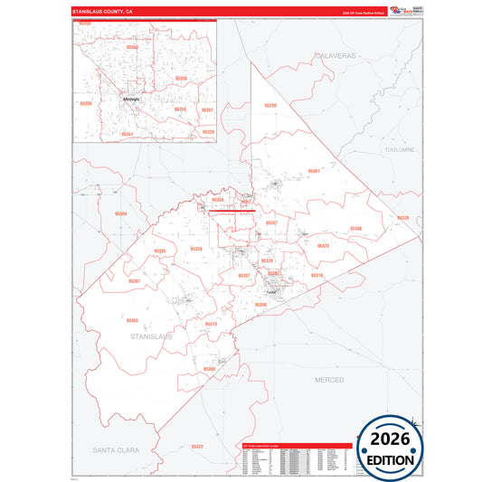 Stanislaus County, CA Red Line 5 Digit ZIP Code Wall Map