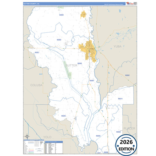 Sutter County, CA Business Reference 5 Digit ZIP Code Wall Map