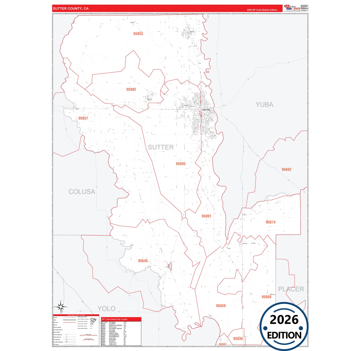 Sutter County, CA Red Line 5 Digit ZIP Code Wall Map