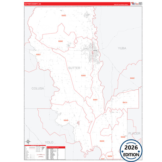 Sutter County, CA Red Line 5 Digit ZIP Code Wall Map