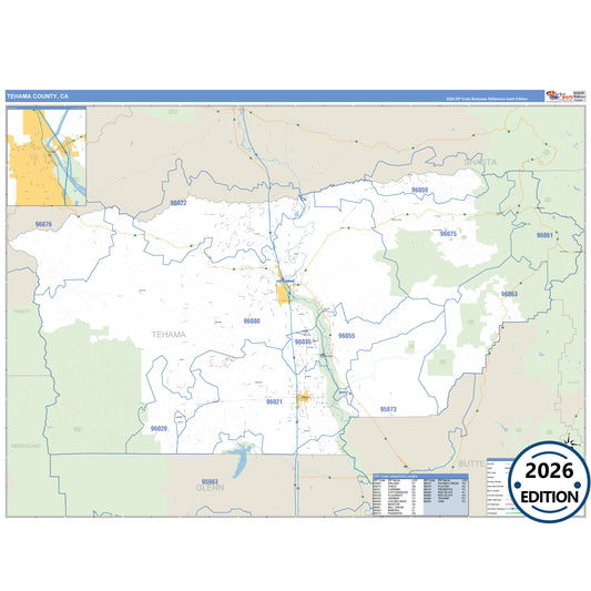 Tehama County, CA Business Reference 5 Digit ZIP Code Wall Map