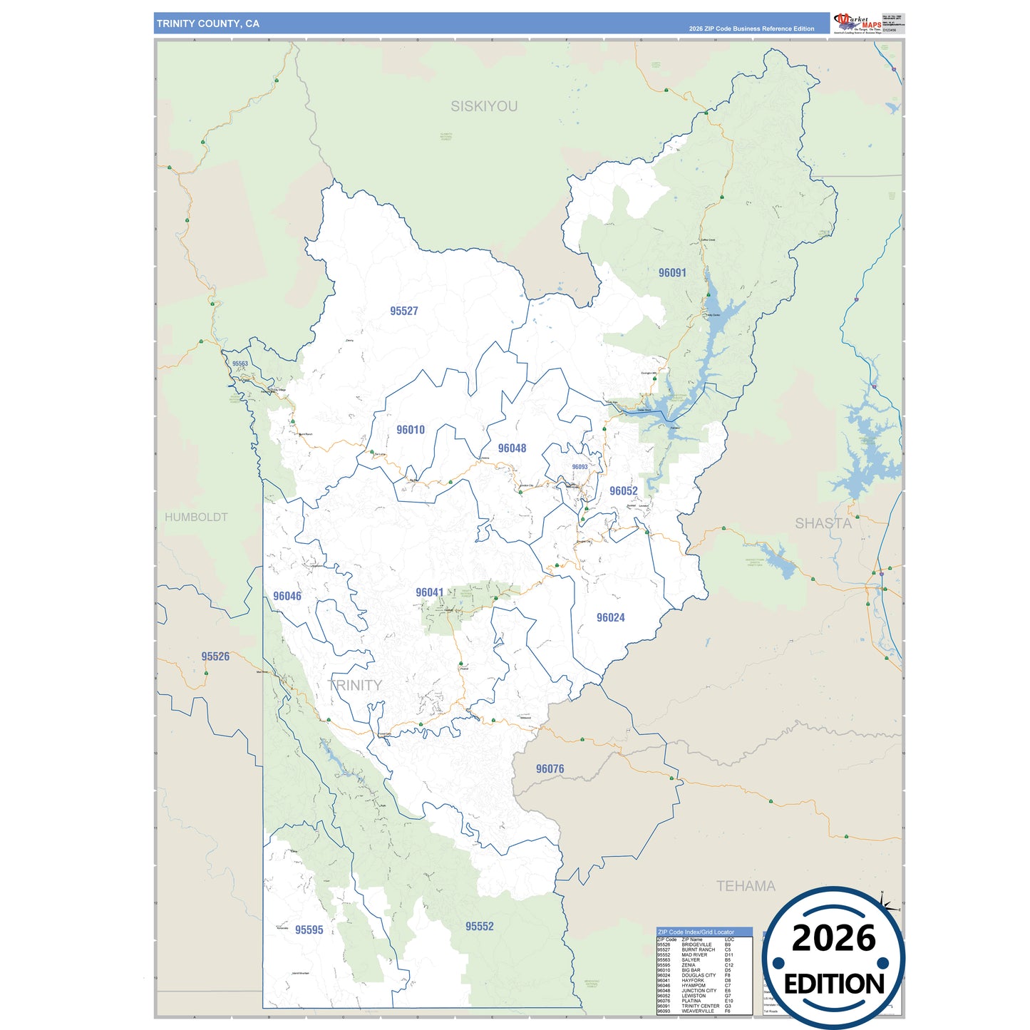 Trinity County, CA Business Reference 5 Digit ZIP Code Wall Map