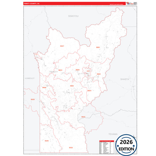 Trinity County, CA Red Line 5 Digit ZIP Code Wall Map