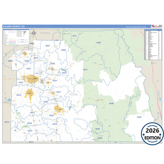 Tulare County, CA Business Reference 5 Digit ZIP Code Wall Map