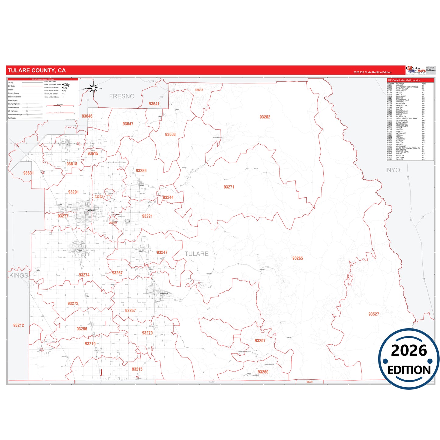 Tulare County, CA Red Line 5 Digit ZIP Code Wall Map