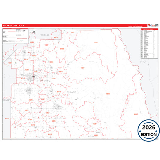 Tulare County, CA Red Line 5 Digit ZIP Code Wall Map