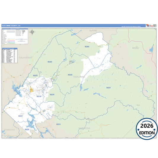 Tuolumne County, CA Business Reference 5 Digit ZIP Code Wall Map