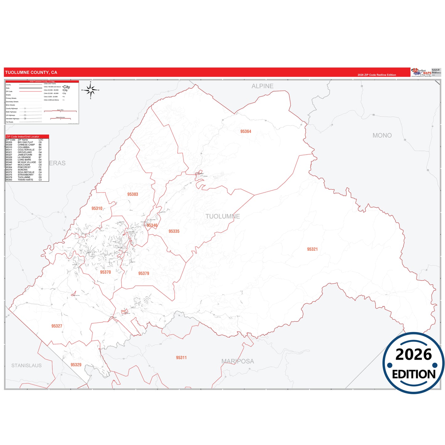 Tuolumne County, CA Red Line 5 Digit ZIP Code Wall Map
