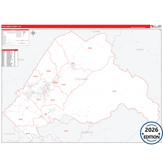 Tuolumne County, CA Red Line 5 Digit ZIP Code Wall Map