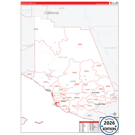 Ventura County, CA Red Line 5 Digit ZIP Code Wall Map