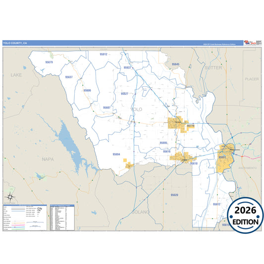 Yolo County, CA Business Reference 5 Digit ZIP Code Wall Map