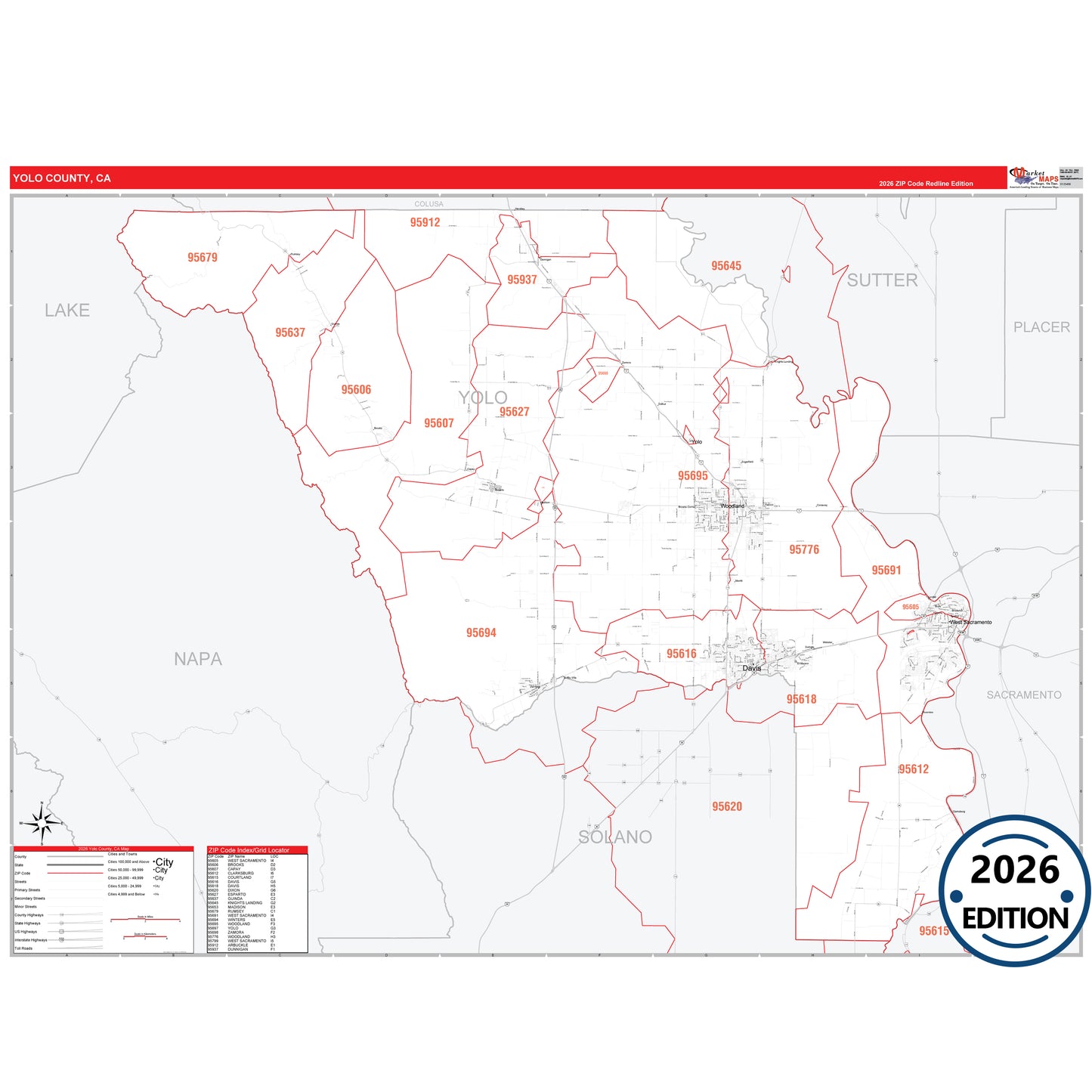 Yolo County, CA Red Line 5 Digit ZIP Code Wall Map