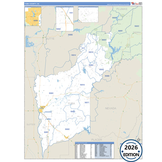 Yuba County, CA Business Reference 5 Digit ZIP Code Wall Map