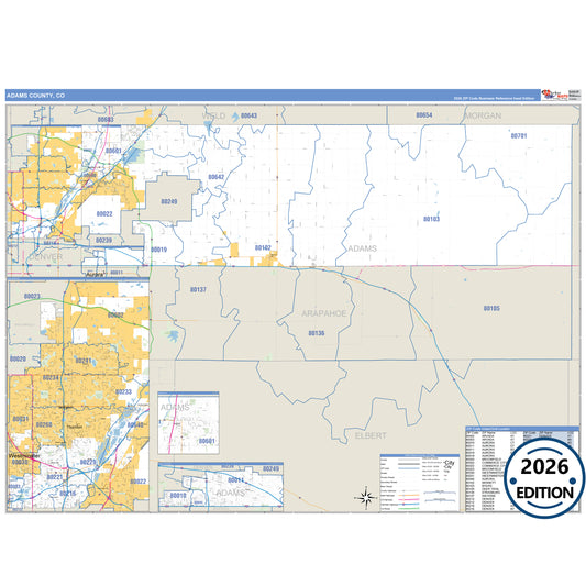 Adams County, CO Business Reference 5 Digit ZIP Code Wall Map