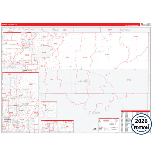 Adams County, CO Red Line 5 Digit ZIP Code Wall Map